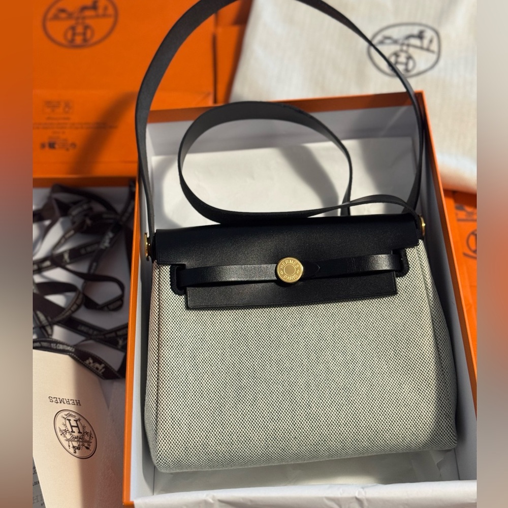 NWT Hermès herbag mini 20 canvas/cowhide ECRU-VERT Moyen/NOIR